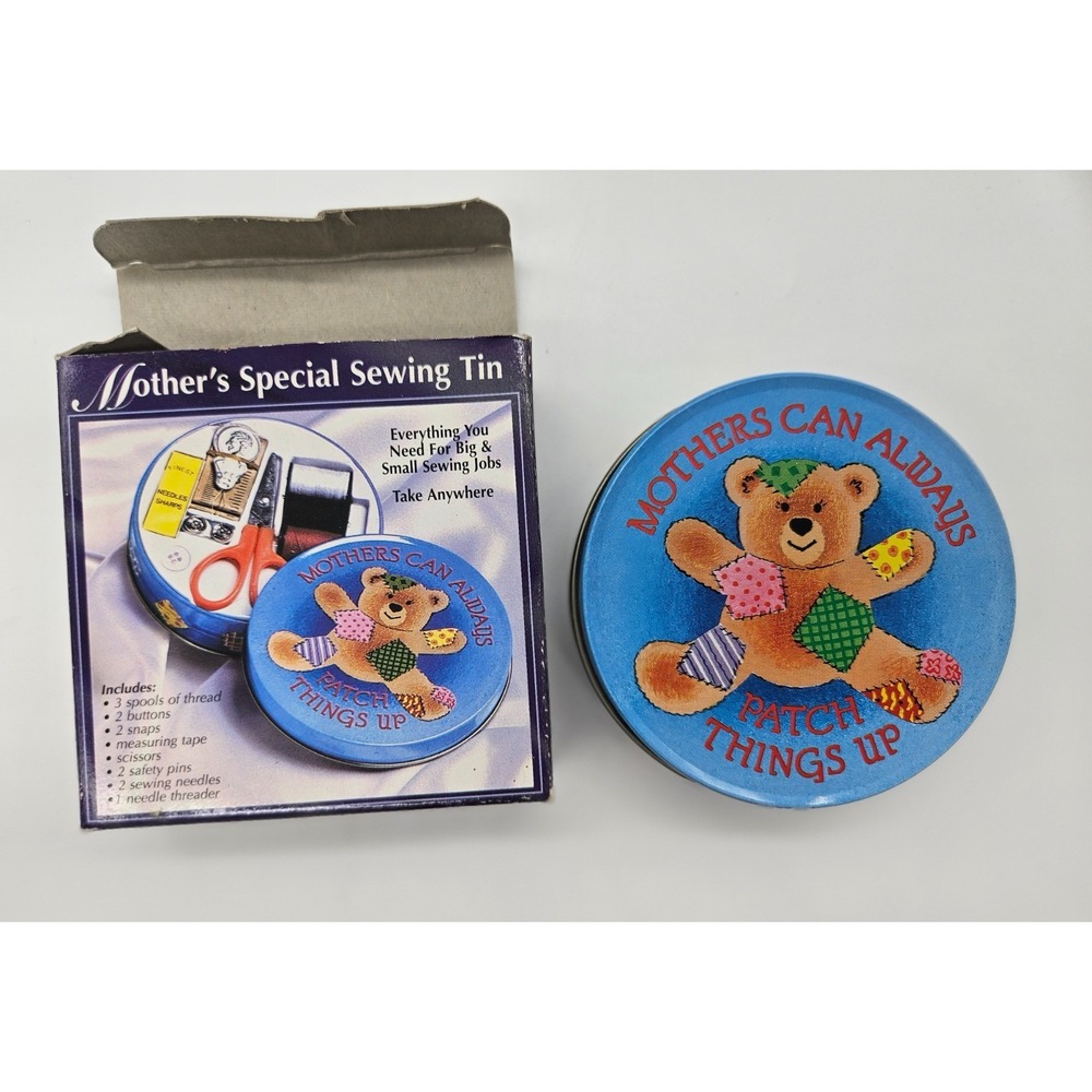 Mother's Special Sewing Tin Portable Travel Kit Teddy Bear Blue Round NIB 3.75" - Picture 4 of 6
